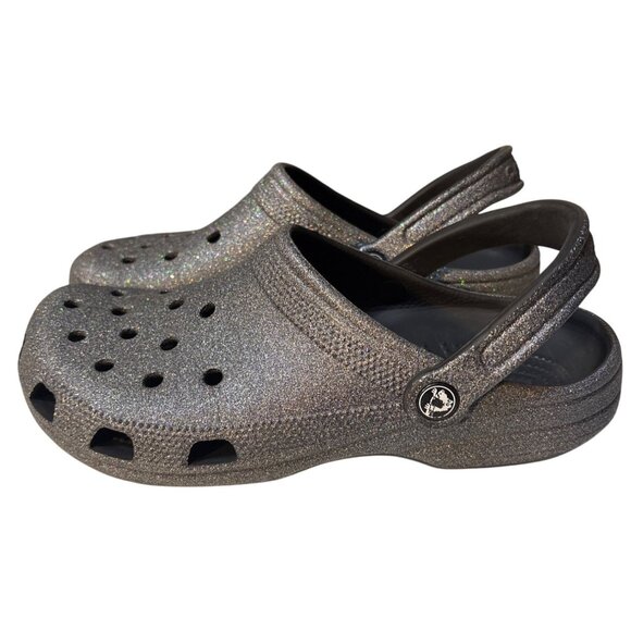 Crocs Classic Clog Black Glitter Silver Womens Size 10 Lightweight & Comfortable - Picture 1 of 8